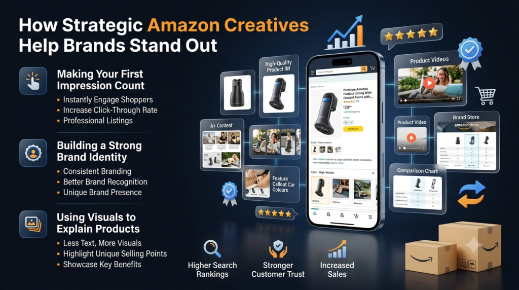 A dark blue, futuristic infographic titled: 'How Strategic Amazon Creatives Help Brands Stand Out