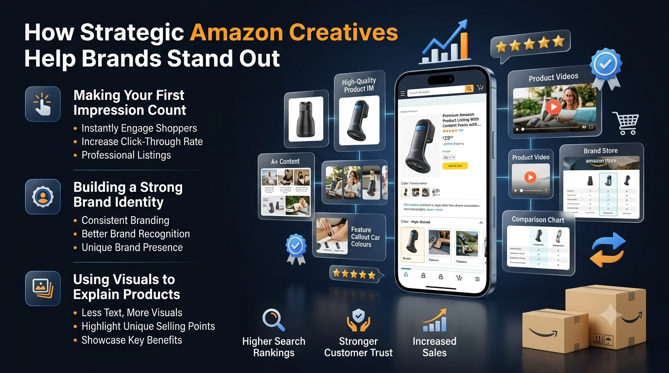 A dark blue, futuristic infographic titled: 'How Strategic Amazon Creatives Help Brands Stand Out